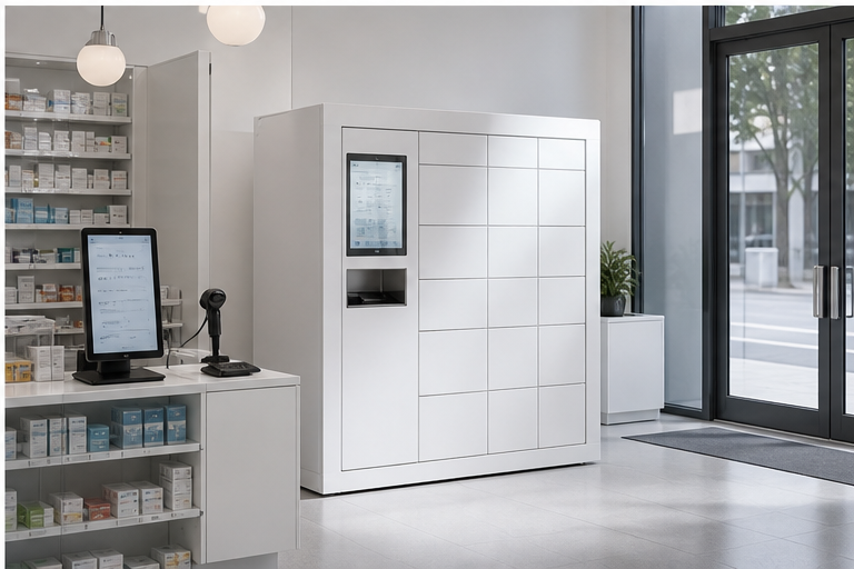 Retail pharmacy smart pickup cabinet scene
